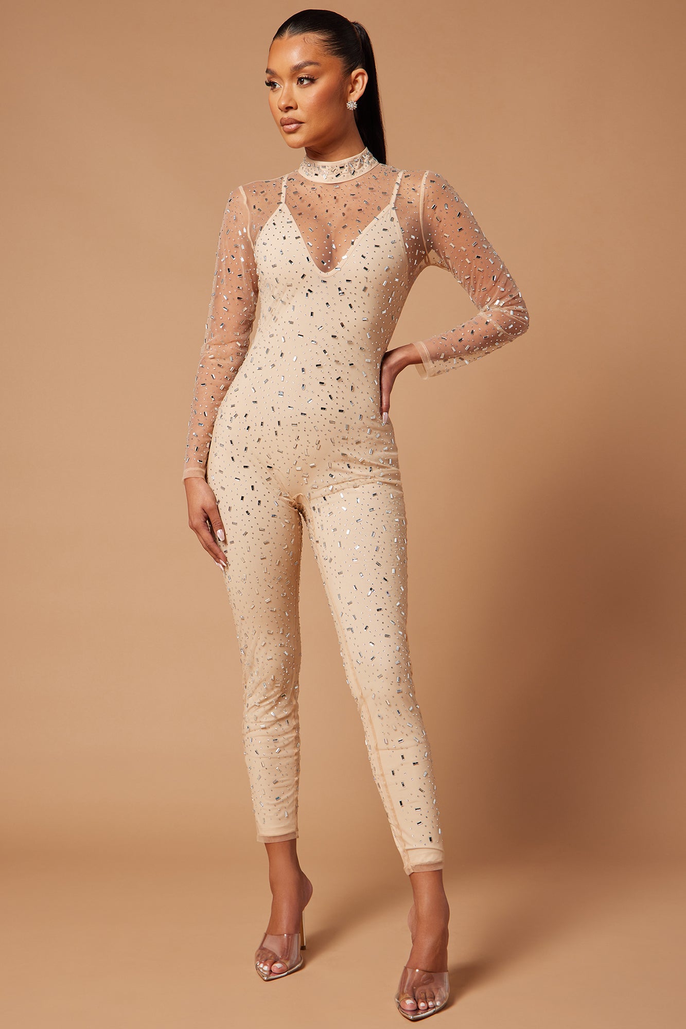 Valeria Embellished Jumpsuit - Nude - HCWP