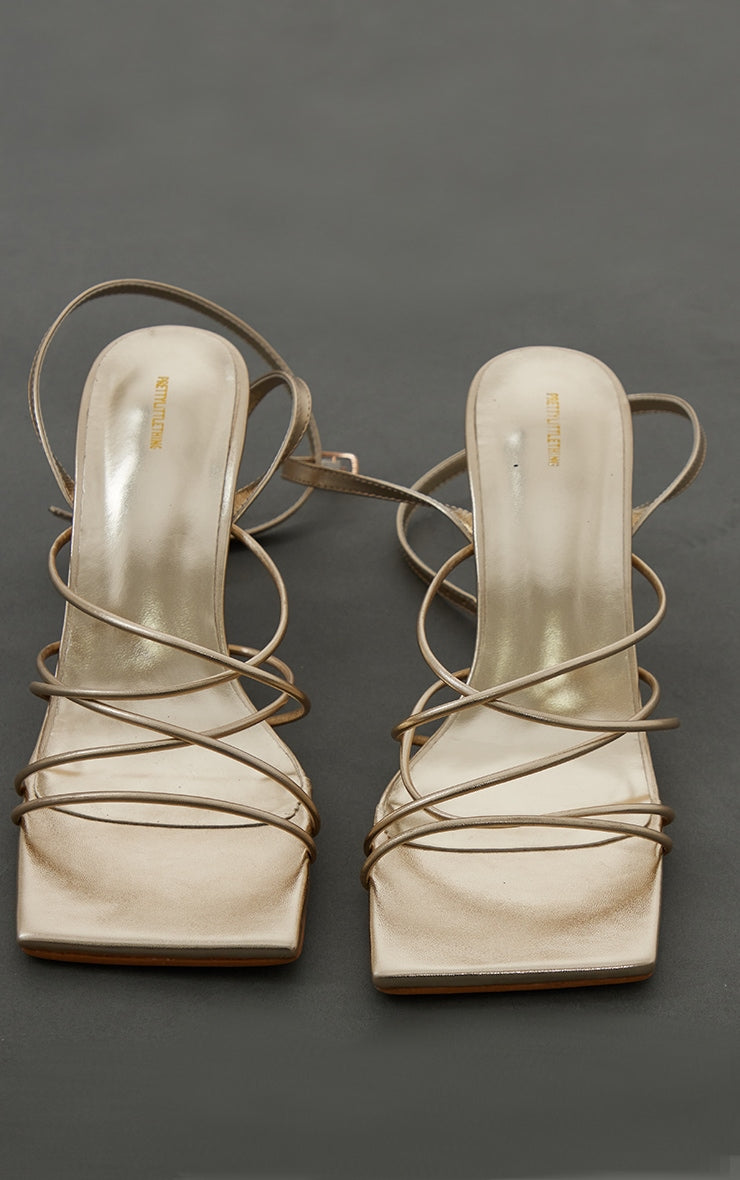 Gold PU Metallic Square Toe Cross Over Strappy Mid Heeled Sandals - HCWP