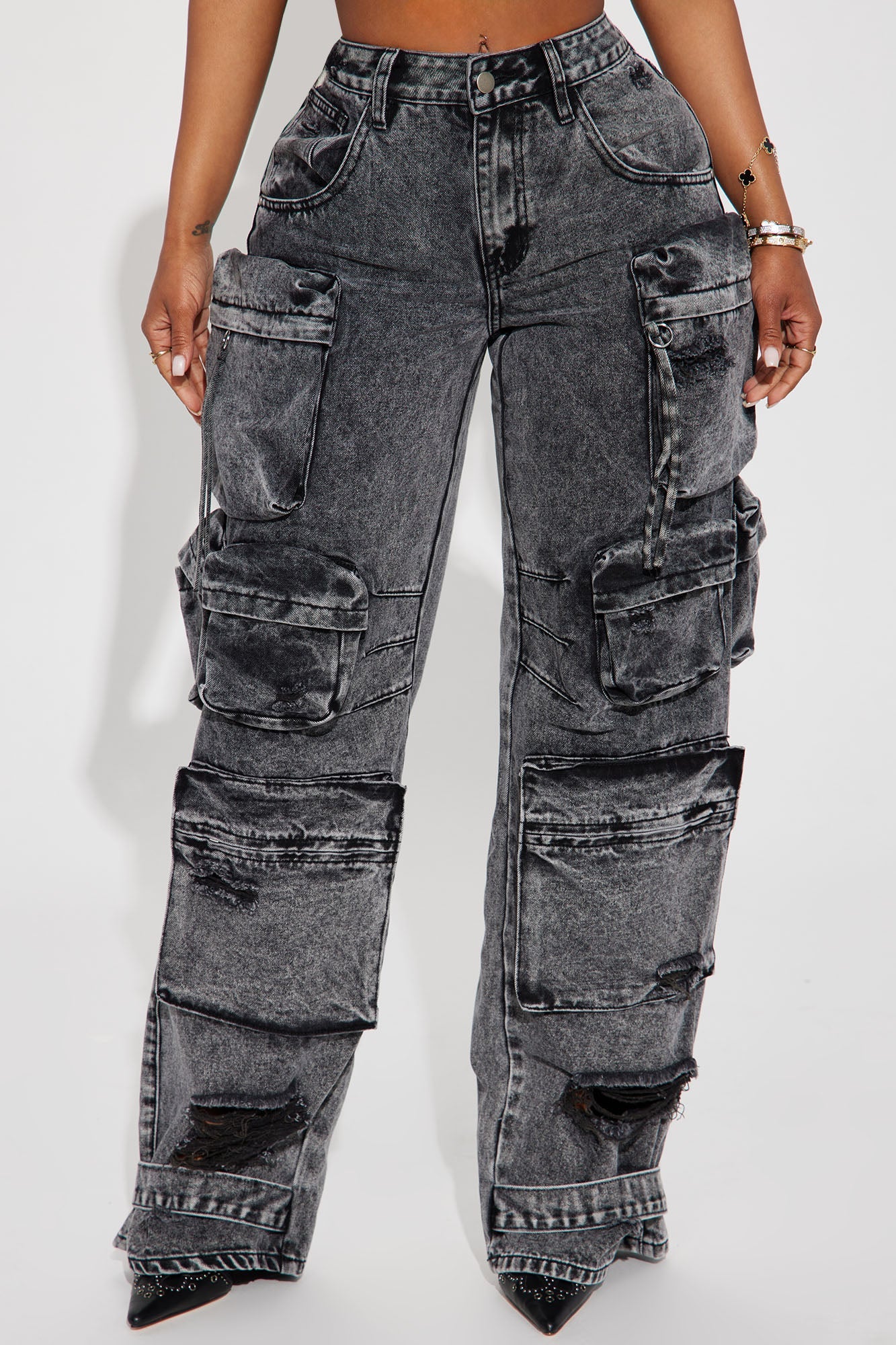 Millie Non Stretch Ripped Cargo Jeans - Acid Wash Black - HCWP