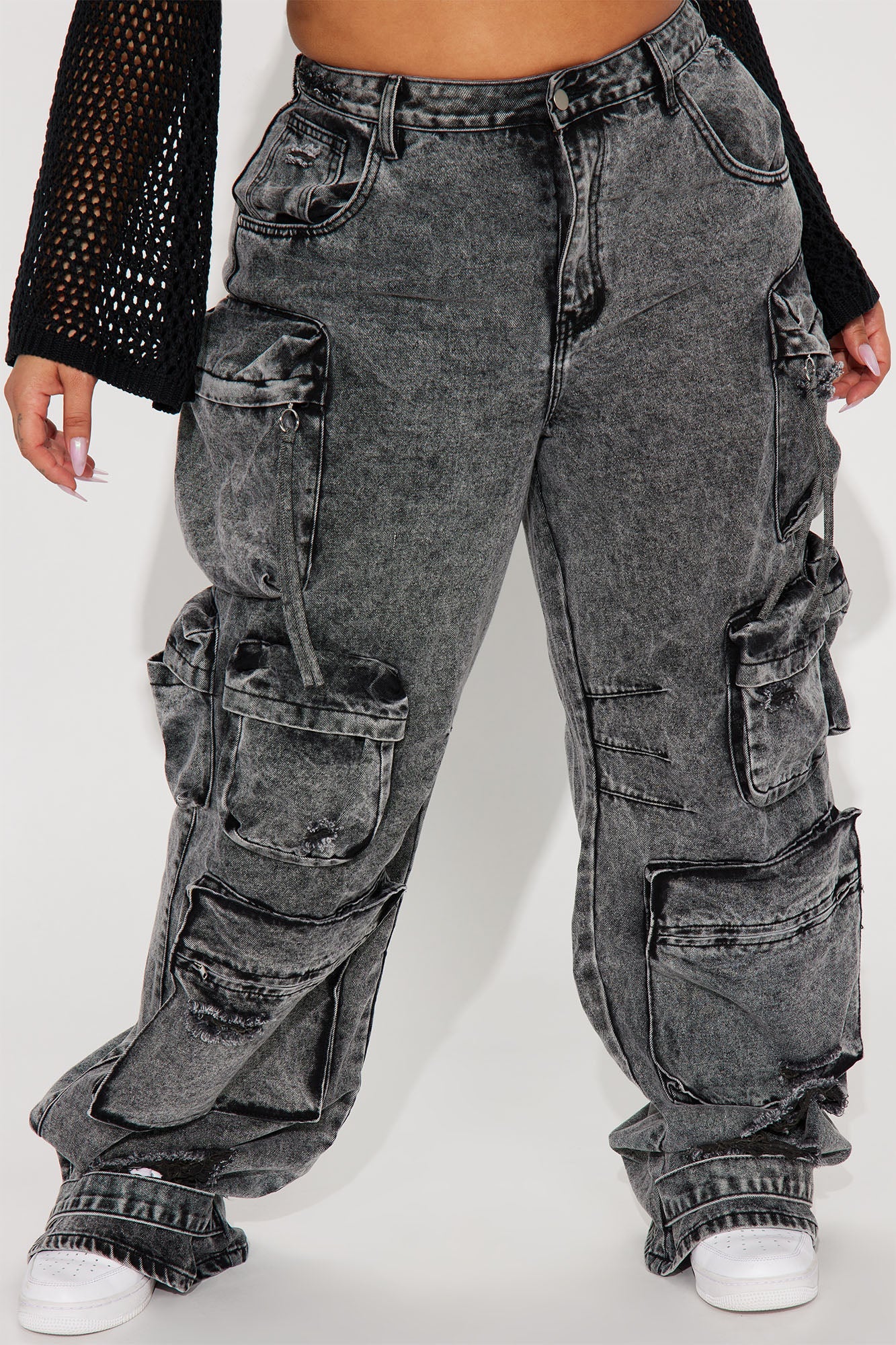 Millie Non Stretch Ripped Cargo Jeans - Acid Wash Black - HCWP