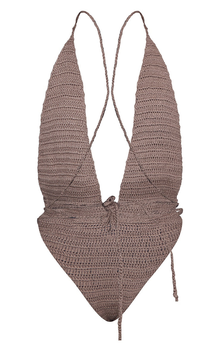Cream Crochet Wrap Detail Plunge Swimsuit - HCWP