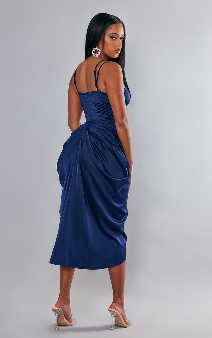 Navy Satin Underwired Draped Skirt Midi Dress - HCWP