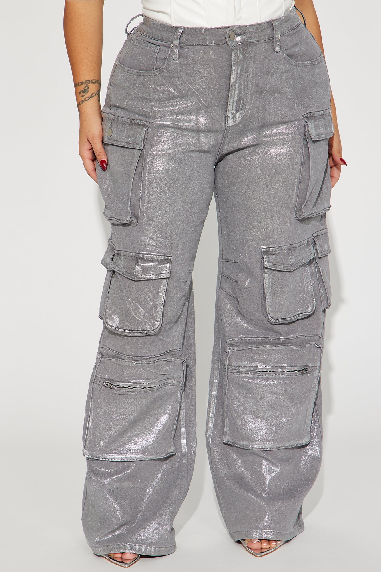 Time To Shine Foil Baggy Cargo Jeans - Silver - HCWP