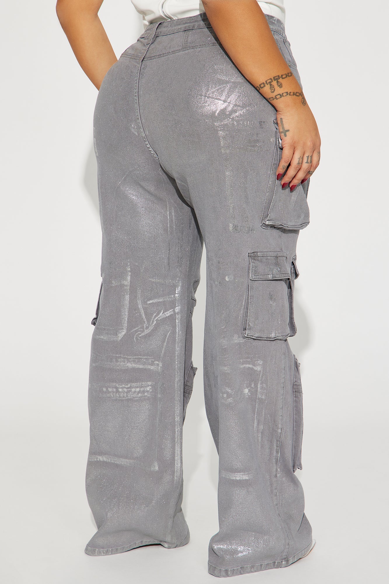 Time To Shine Foil Baggy Cargo Jeans - Silver - HCWP