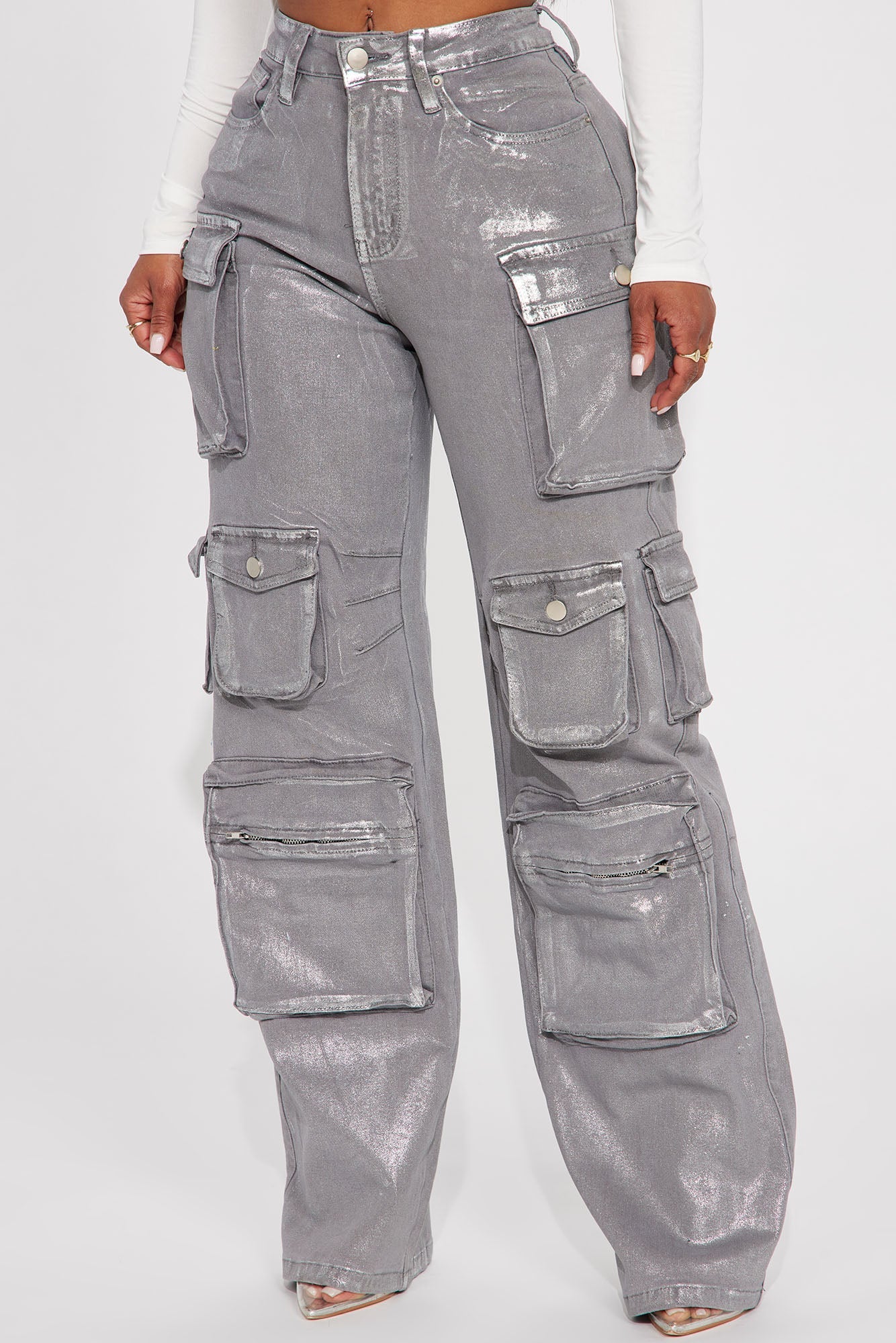 Time To Shine Foil Baggy Cargo Jeans - Silver - HCWP