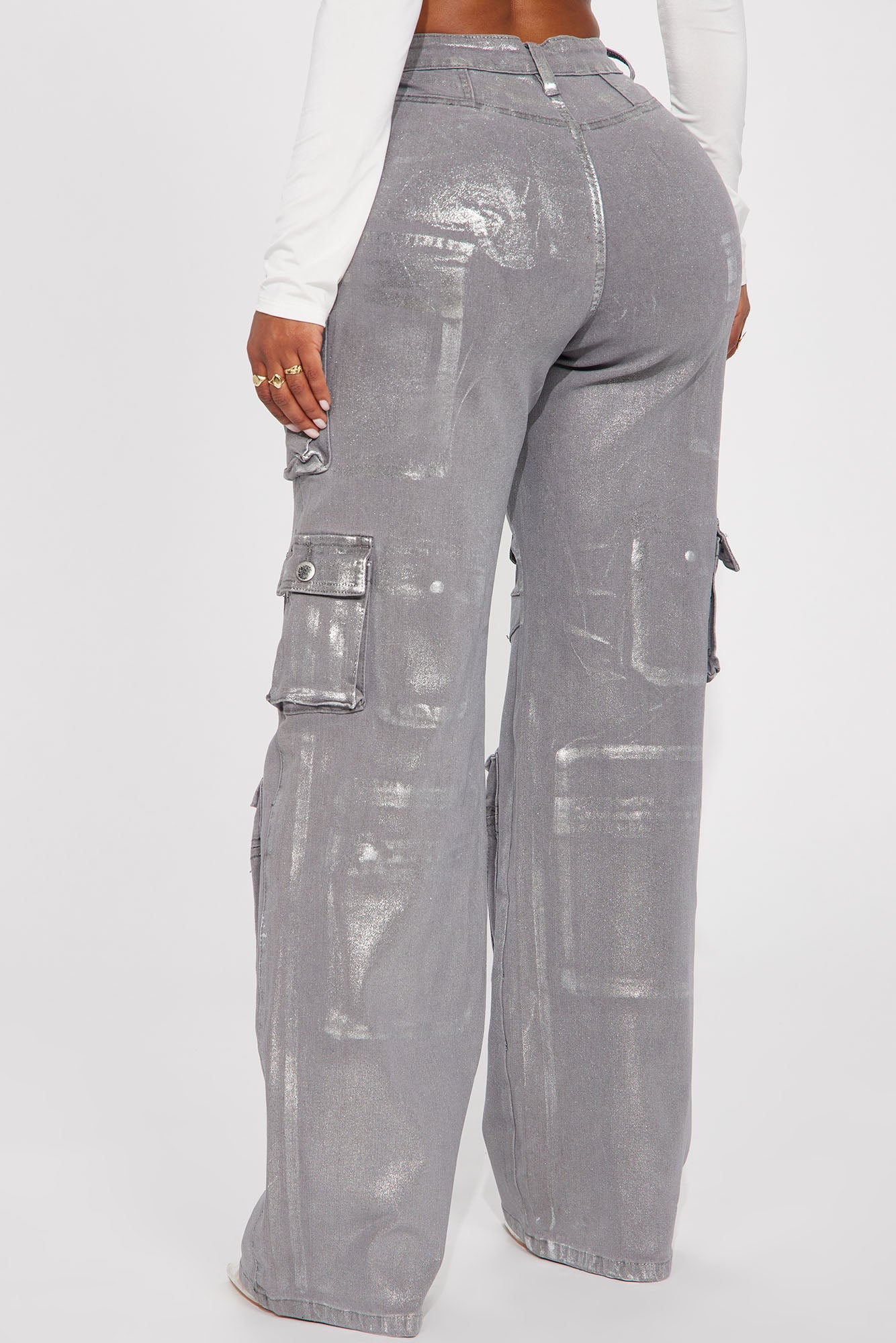Time To Shine Foil Baggy Cargo Jeans - Silver - HCWP
