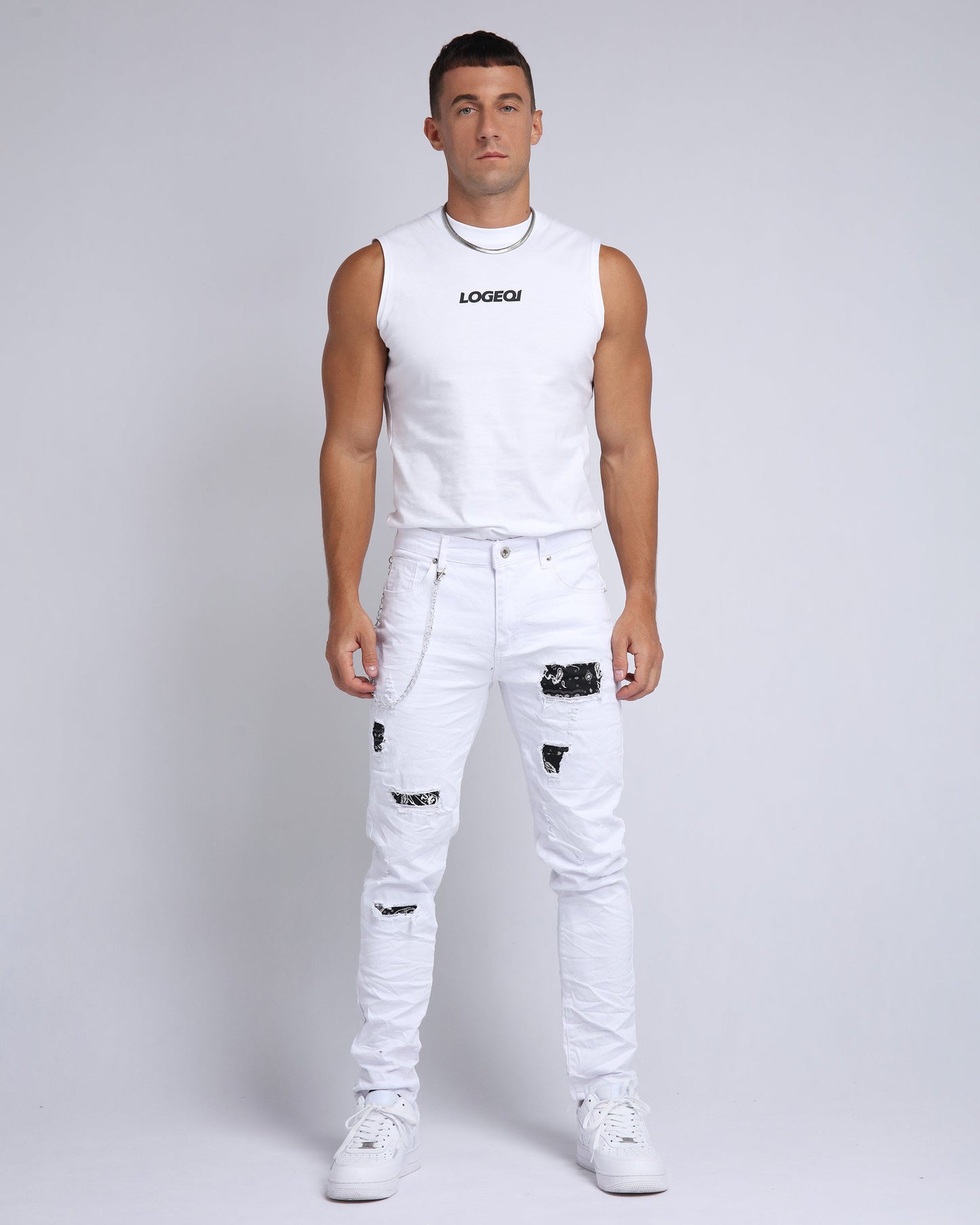 Graffiti Patch Slim Fit Ripped White Jeans - HCWP