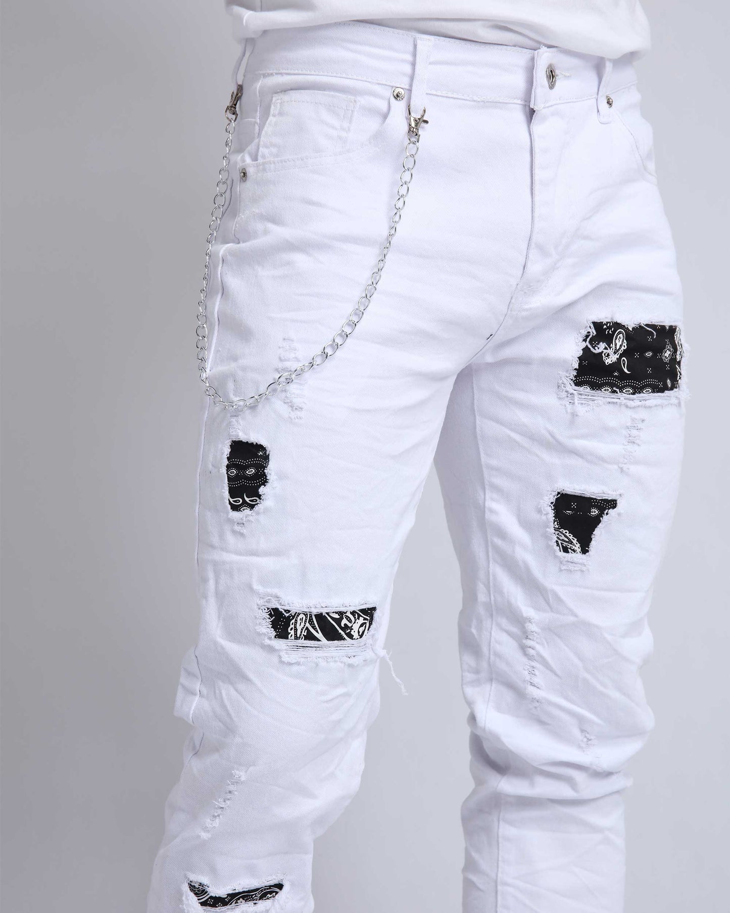 Graffiti Patch Slim Fit Ripped White Jeans - HCWP