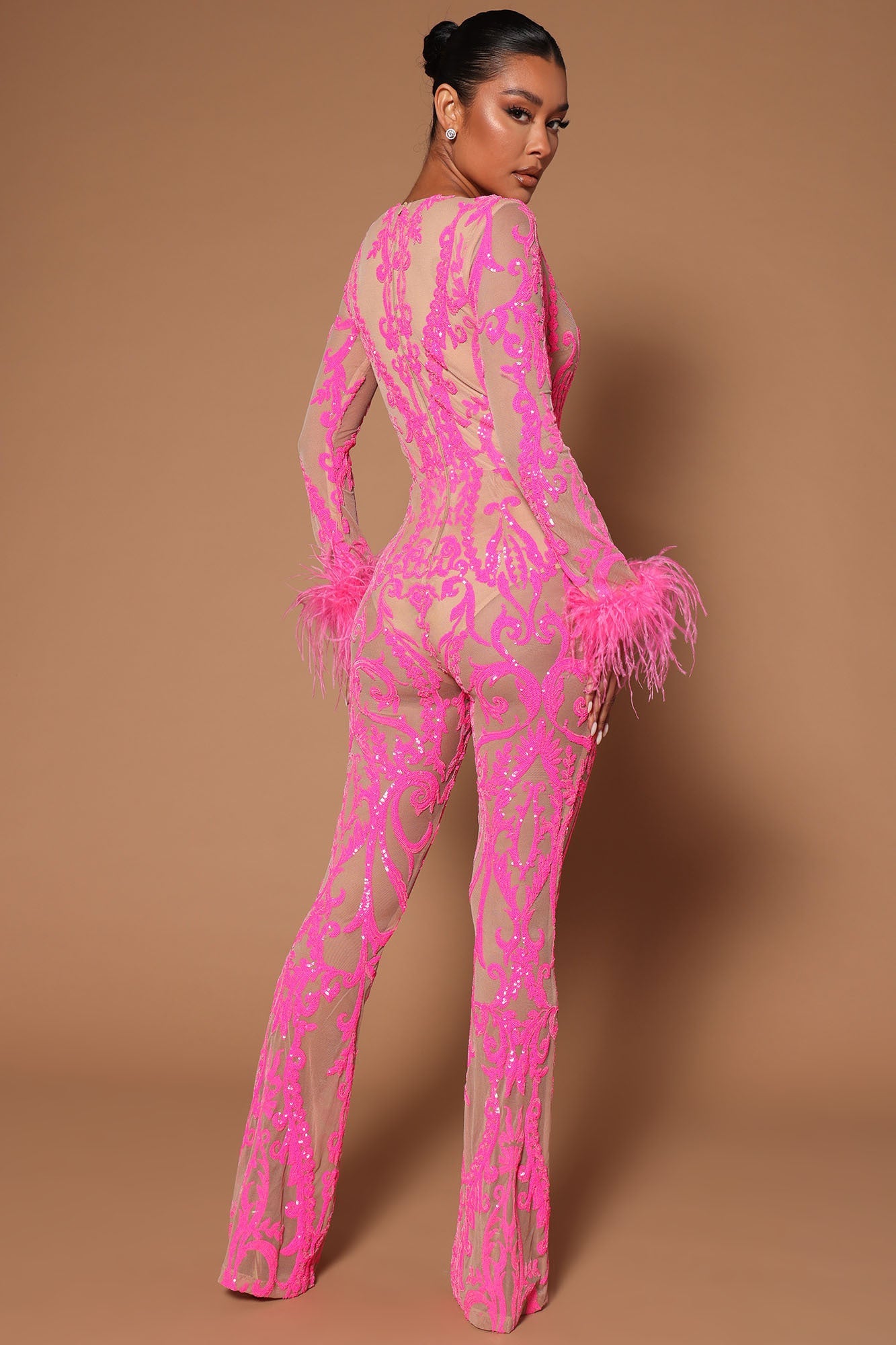 A Dancing Queen Sequin Feather Jumpsuit - Pink - HCWP