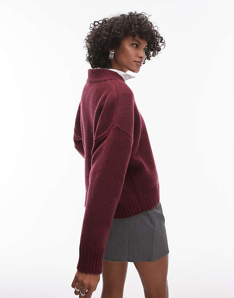 Topshop knitted premium 100% lambswool v-neck relaxed jumper in burgundy