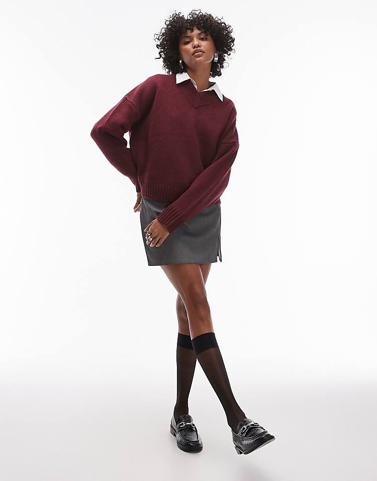 Topshop knitted premium 100% lambswool v-neck relaxed jumper in burgundy