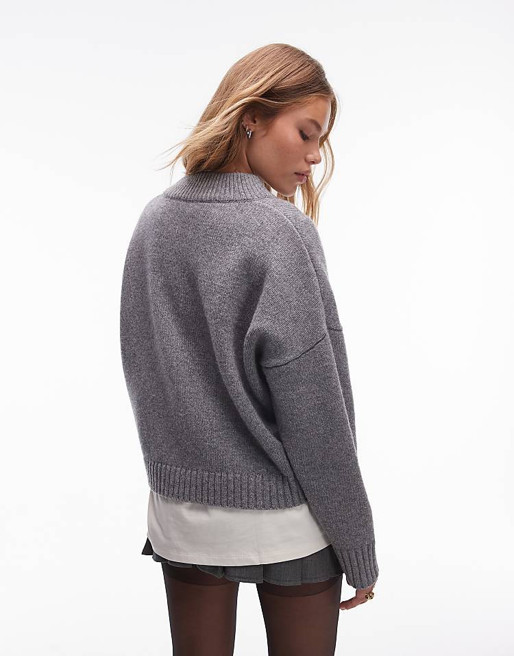 Topshop knitted premium 100% lambswool v-neck relaxed jumper in burgundy