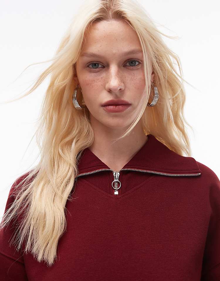 Topshop oversized quarter zip sweat in burgundy