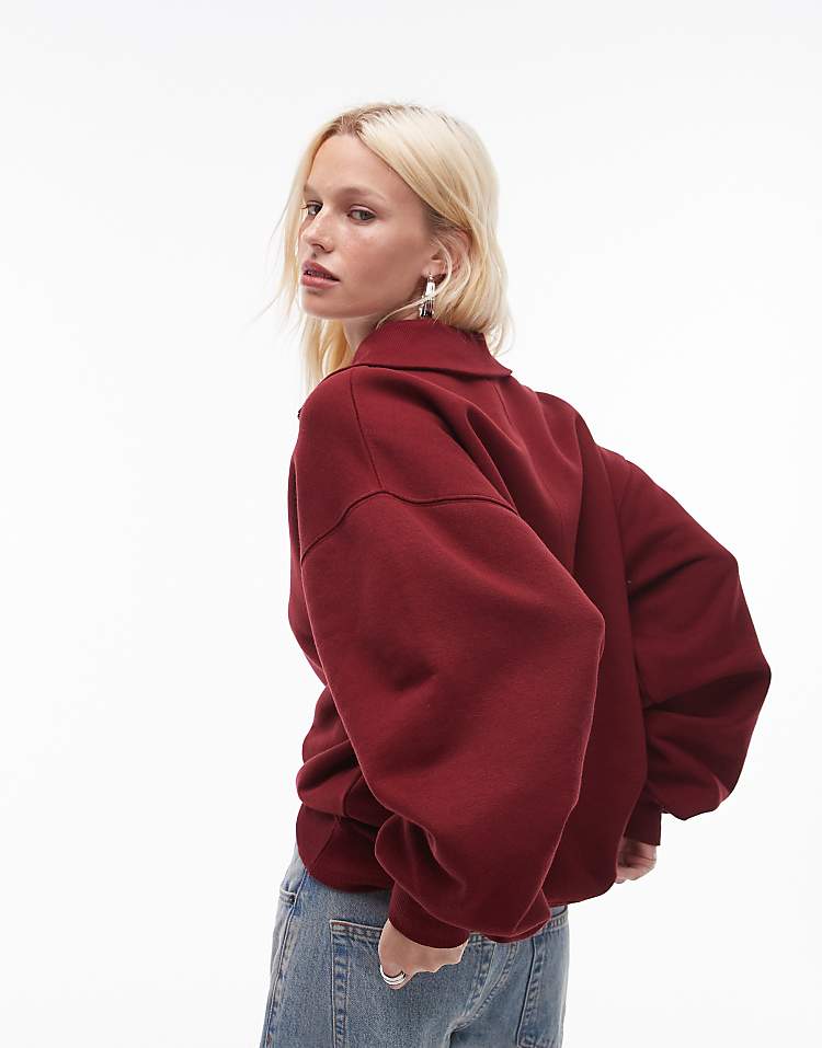 Topshop oversized quarter zip sweat in burgundy