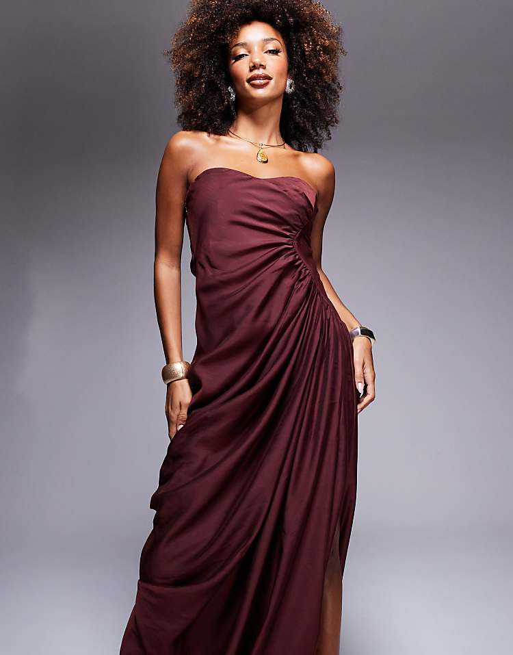 ASOS DESIGN bandeau draped maxi dress in burgandy
