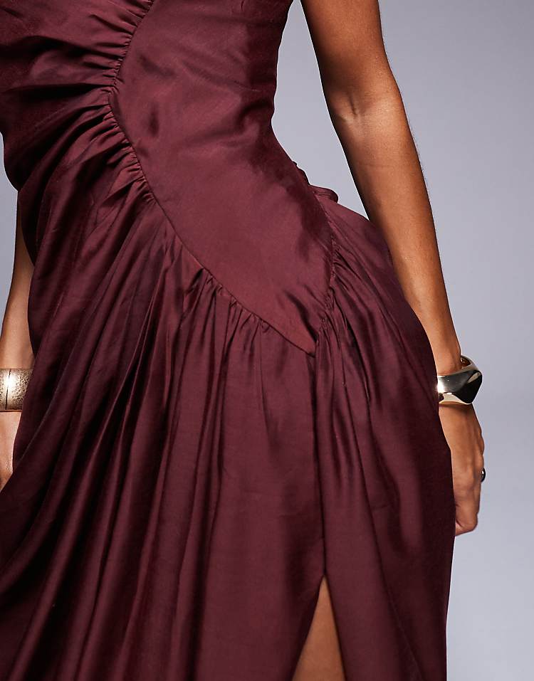 ASOS DESIGN bandeau draped maxi dress in burgandy