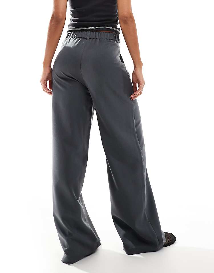 Reclaimed Vintage wide leg trouser in burgundy pinstripe