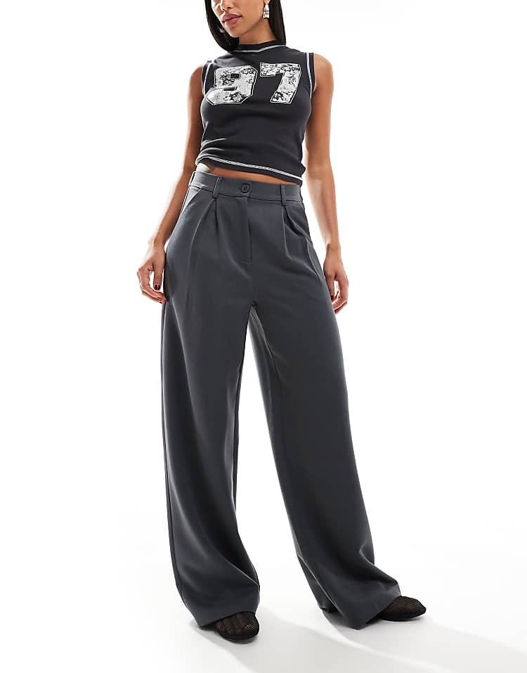 Reclaimed Vintage wide leg trouser in burgundy pinstripe