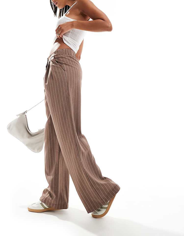 Reclaimed Vintage wide leg trouser in burgundy pinstripe