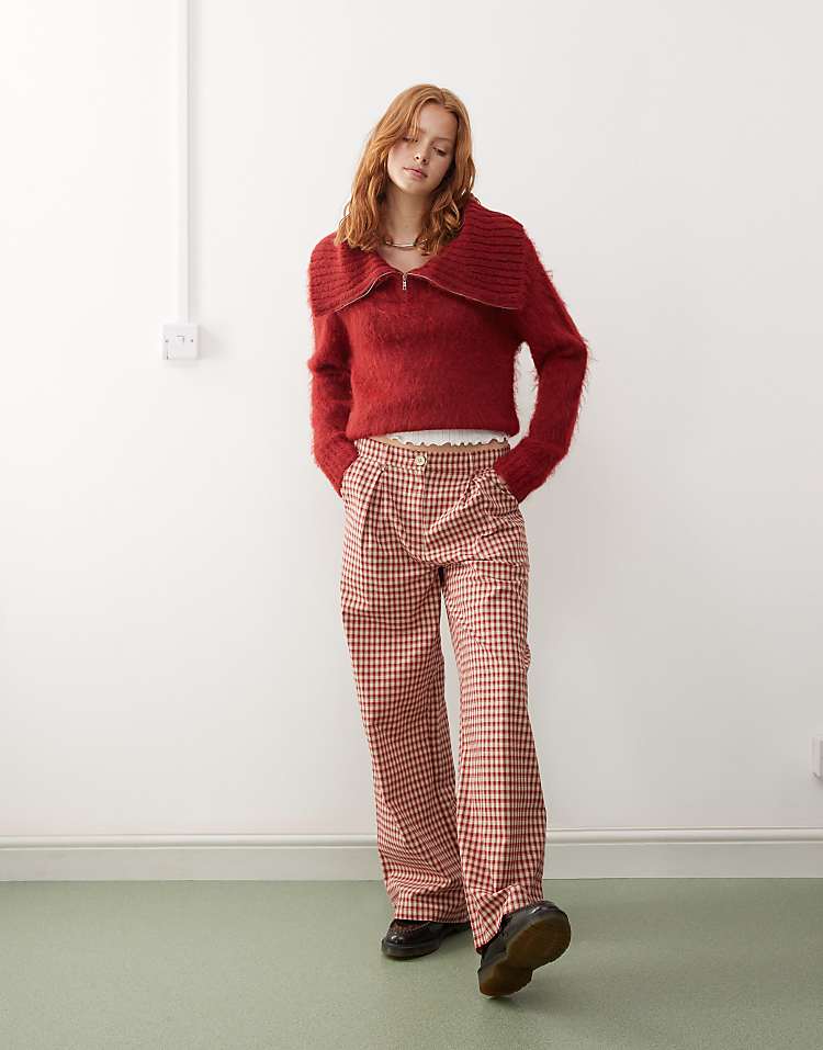 Reclaimed Vintage wide leg trouser in burgundy pinstripe