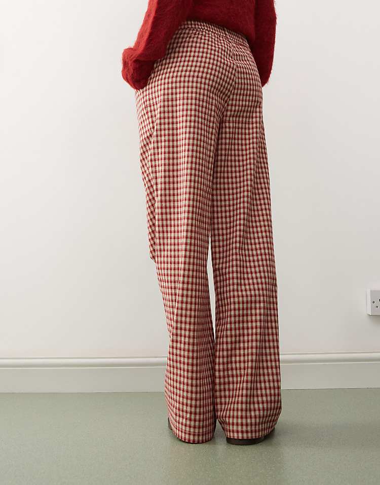 Reclaimed Vintage wide leg trouser in burgundy pinstripe