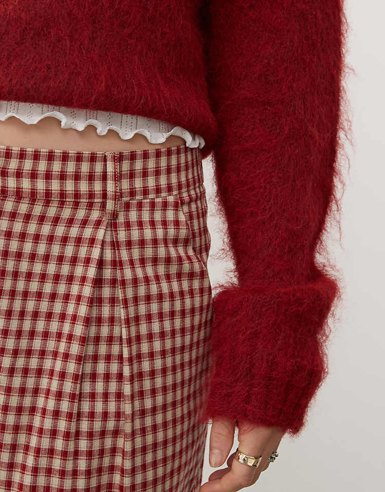 Reclaimed Vintage wide leg trouser in burgundy pinstripe