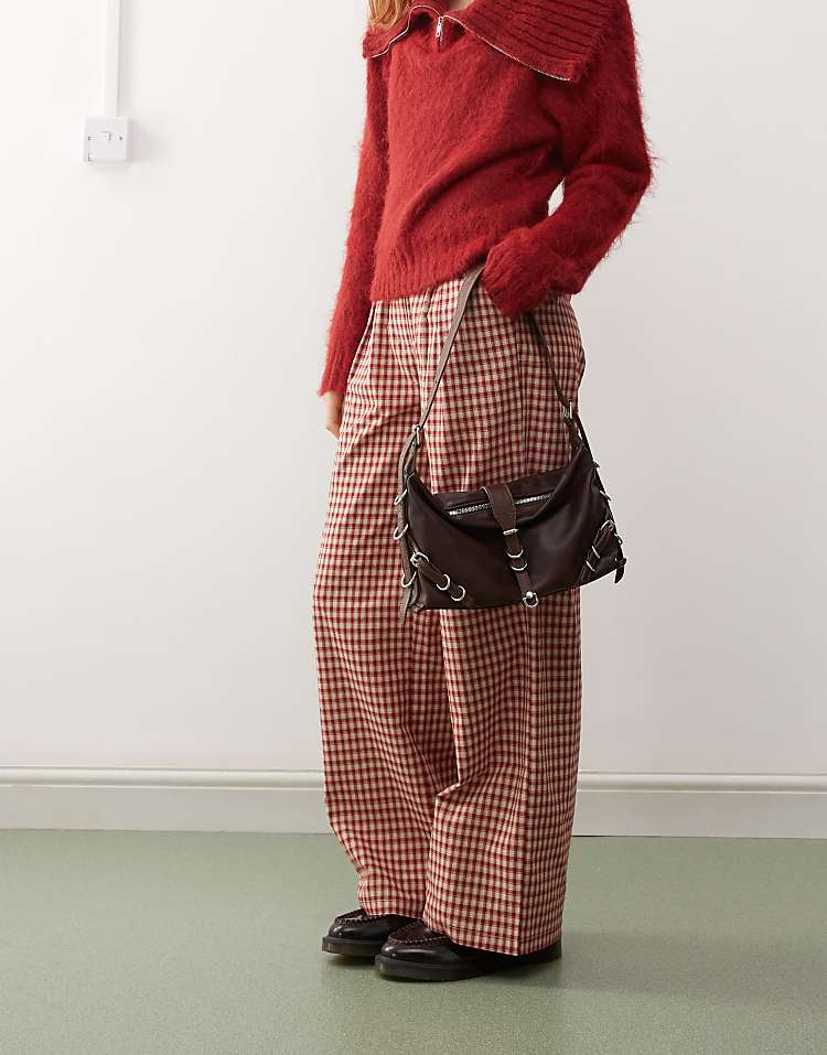 Reclaimed Vintage wide leg trouser in burgundy pinstripe