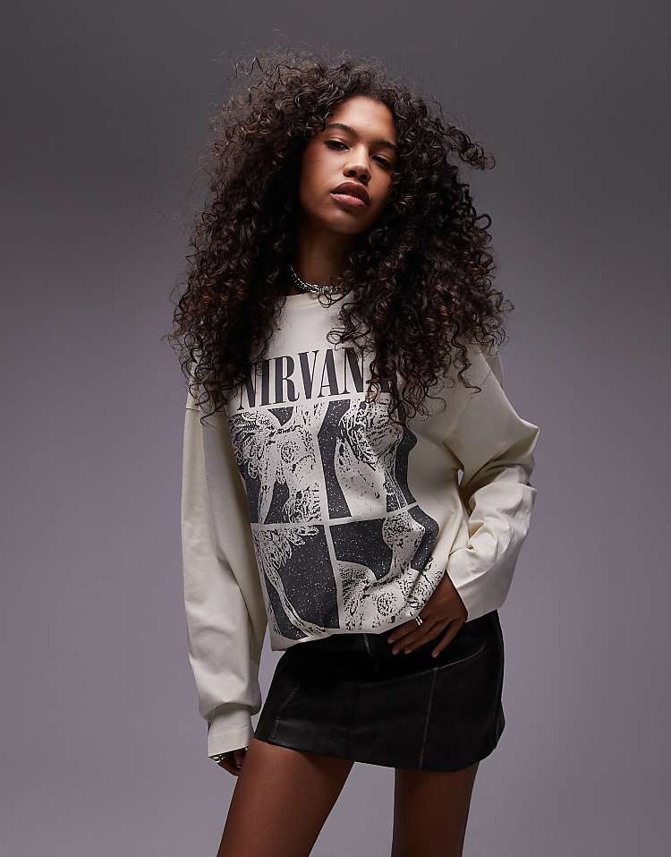 Topshop license graphic Nirvana long sleeve skater in burgundy