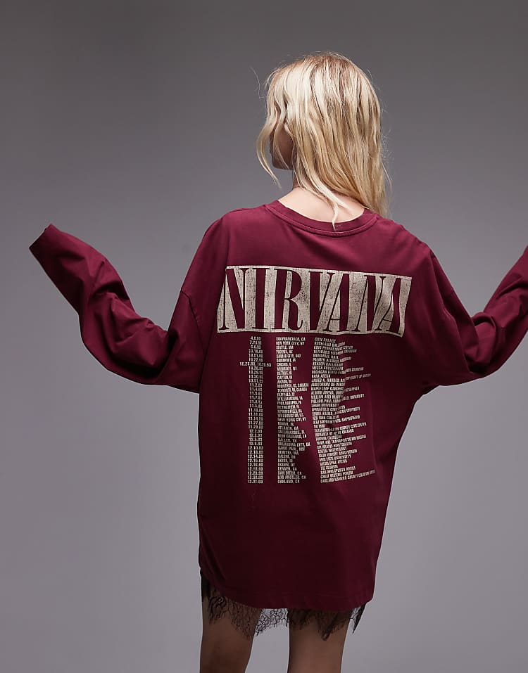 Topshop license graphic Nirvana long sleeve skater in burgundy