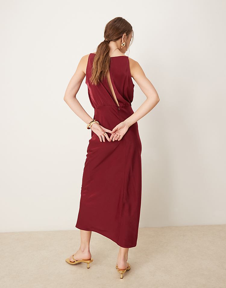 ASOS DESIGN square neck satin blouson midi dress in burgundy