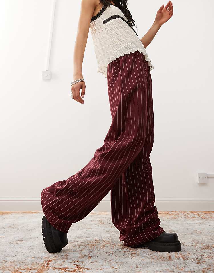 Reclaimed Vintage wide leg trouser in burgundy pinstripe