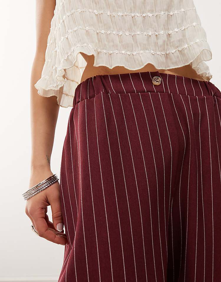 Reclaimed Vintage wide leg trouser in burgundy pinstripe