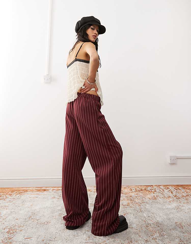 Reclaimed Vintage wide leg trouser in burgundy pinstripe