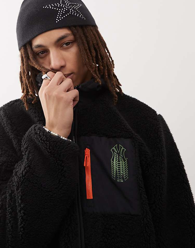 47 Brand NY Yankees badge detail fluffy zip through jacket in black