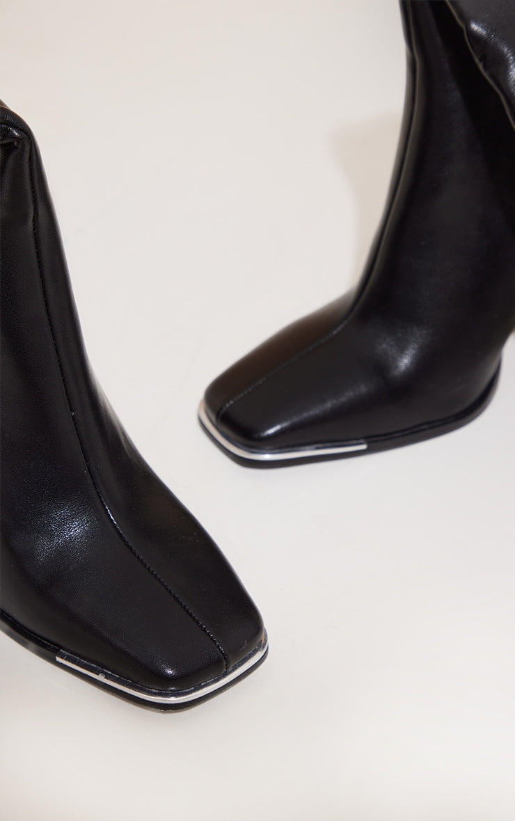 Black PU Toe Cap Flare Heeled Knee Boots