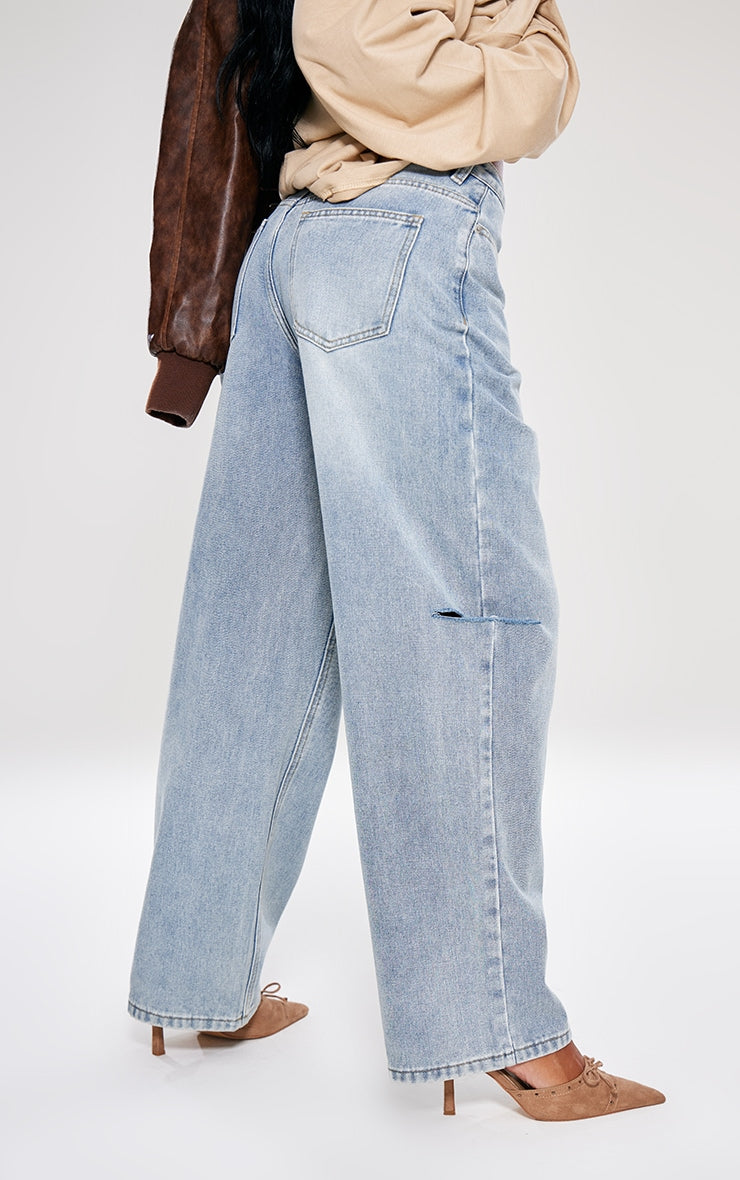 Ice Blue Split Cut Out Denim Boyfriend Jeans - HCWP