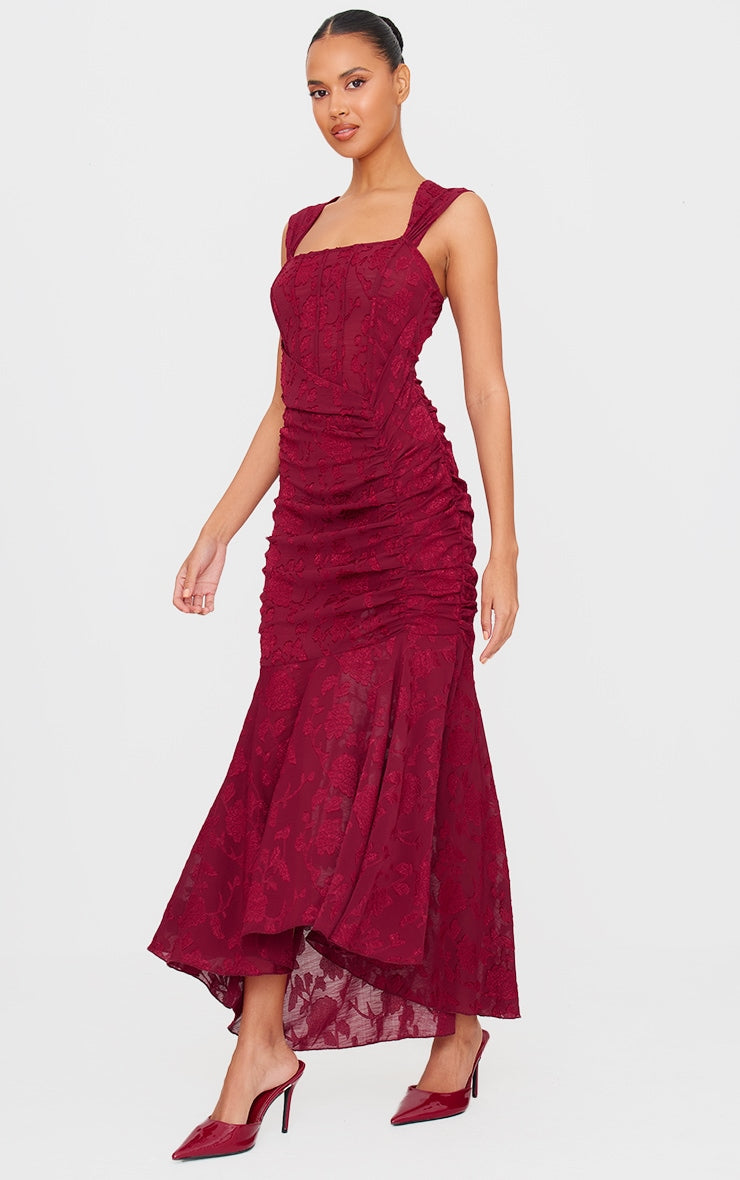 Burgundy Burnout Ruched Midi Dress