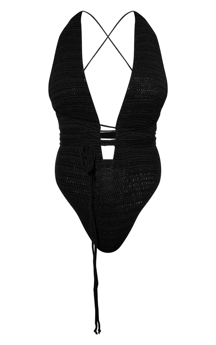 Cream Crochet Wrap Detail Plunge Swimsuit - HCWP