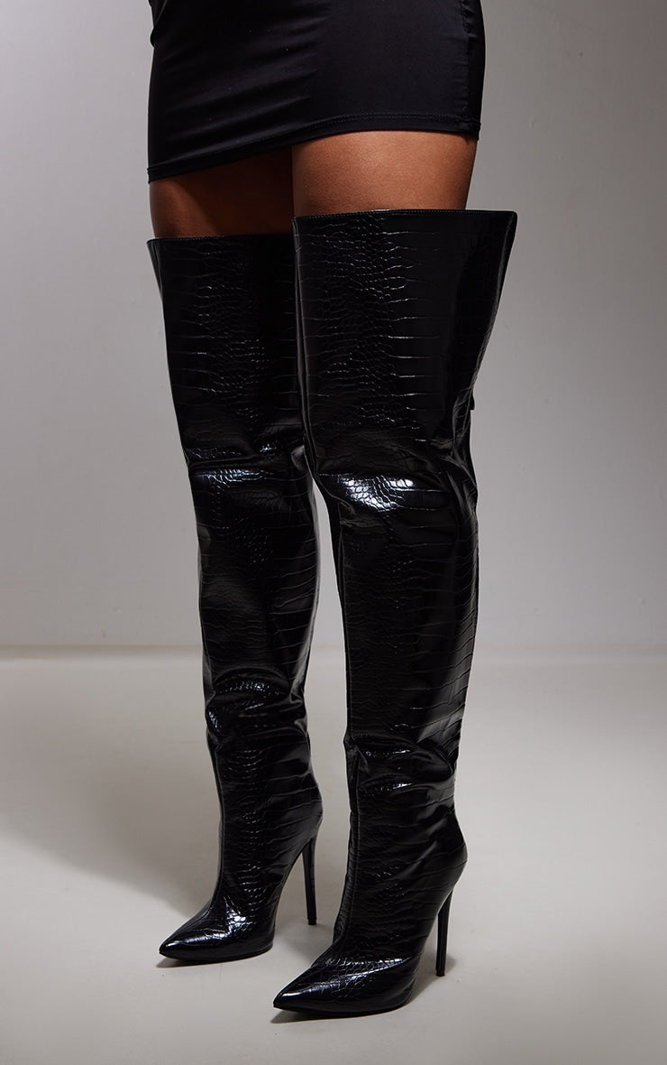 Black Croc PU Pointed High Heel Over The Knee Boots