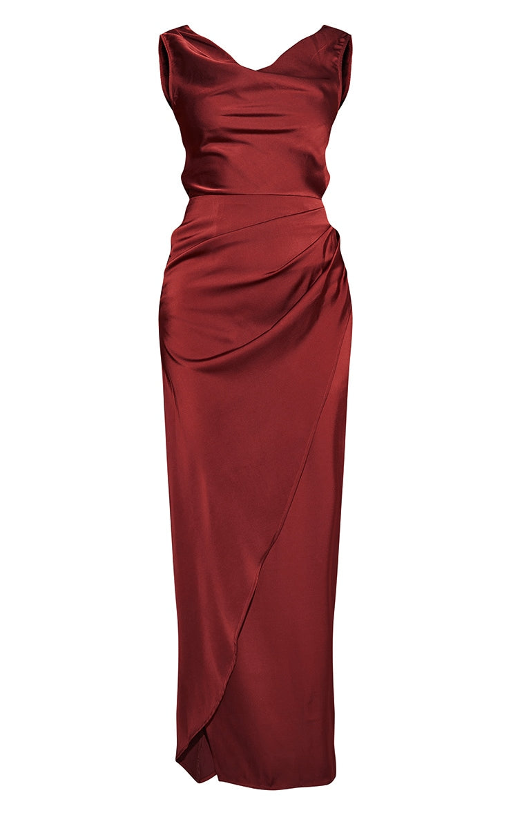 Black Satin Cowl Neck Draped Maxi Dress - HCWP