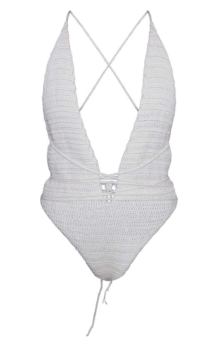 Cream Crochet Wrap Detail Plunge Swimsuit - HCWP