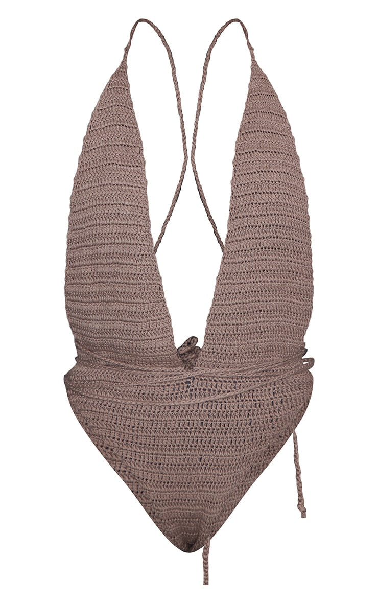 Cream Crochet Wrap Detail Plunge Swimsuit - HCWP