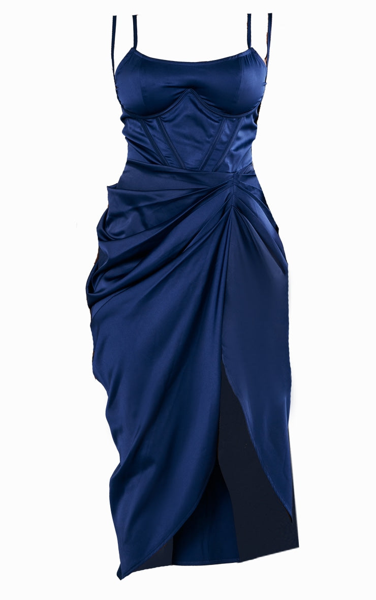Navy Satin Underwired Draped Skirt Midi Dress - HCWP