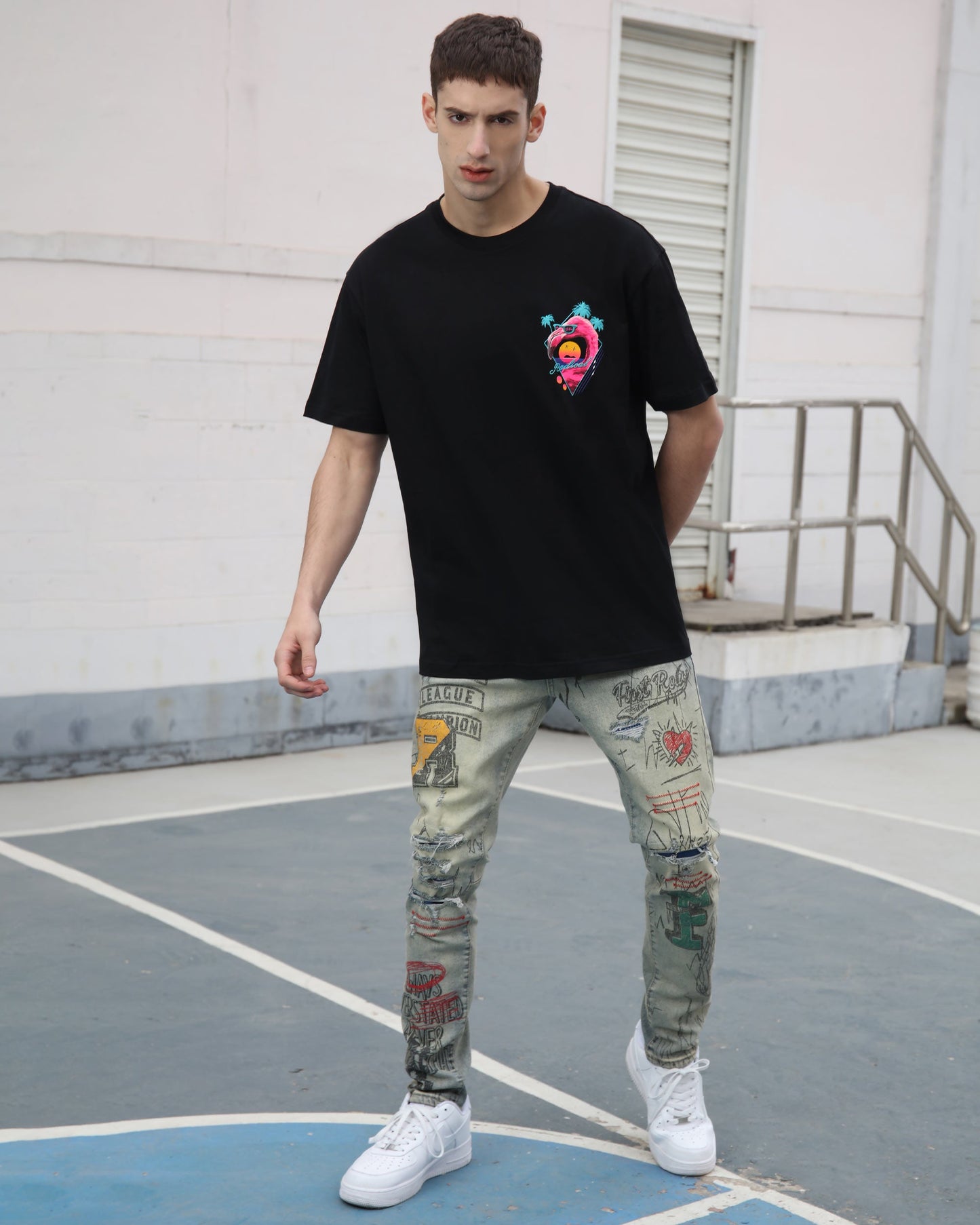 Detailing Graffiti Ripped Blue Washed Jeans - HCWP