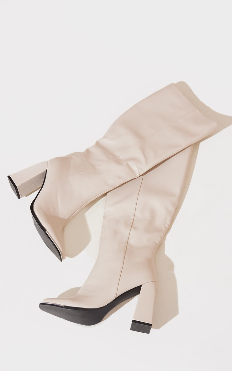 Black PU Toe Cap Flare Heeled Knee Boots