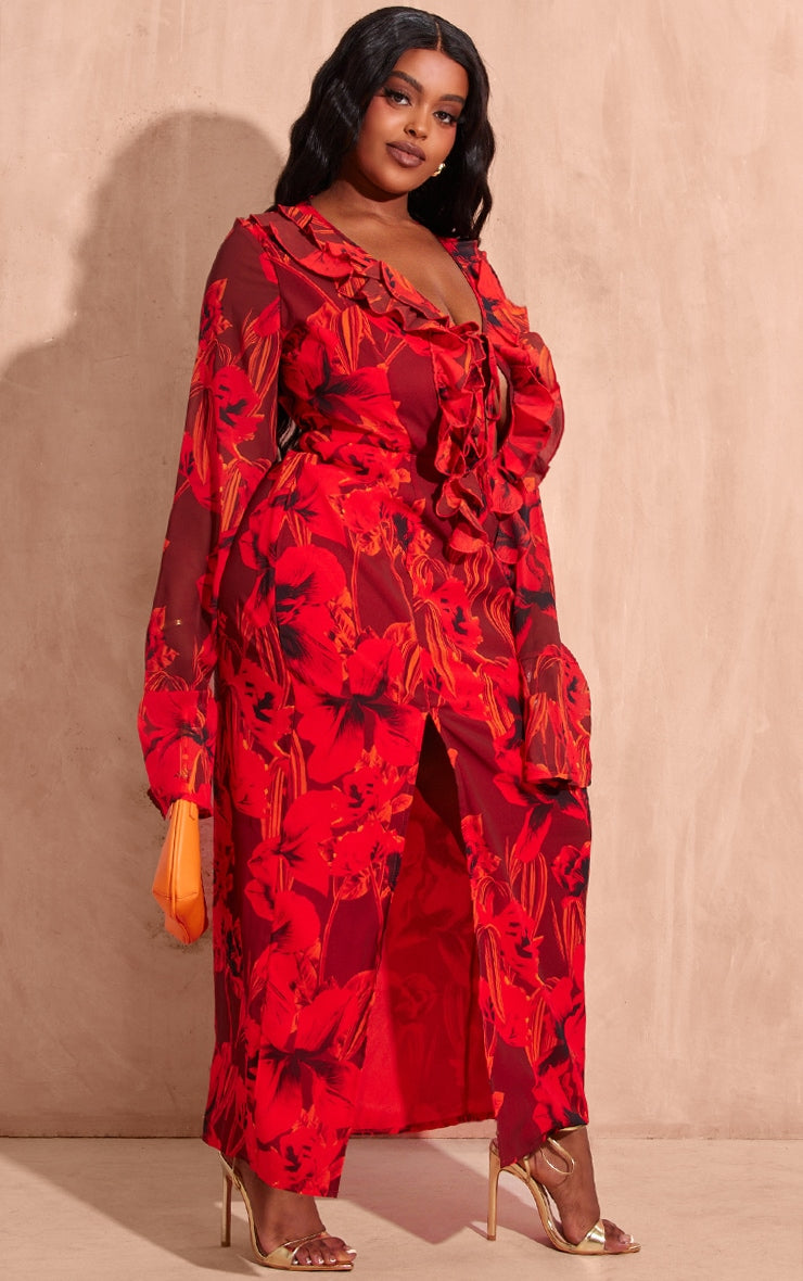 Plus Red Floral Print Chiffon Frill Midi Dress - HCWP