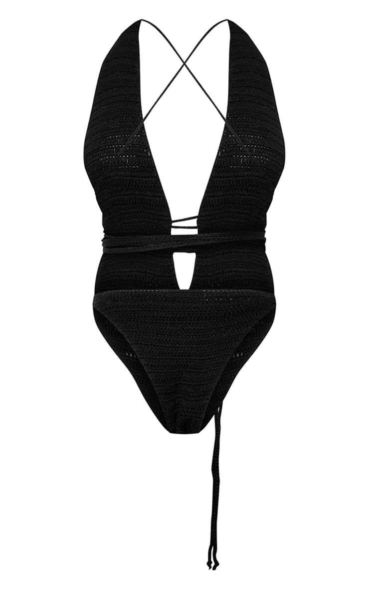 Cream Crochet Wrap Detail Plunge Swimsuit - HCWP