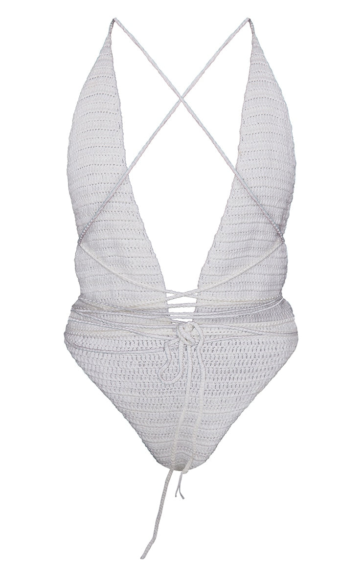 Cream Crochet Wrap Detail Plunge Swimsuit - HCWP