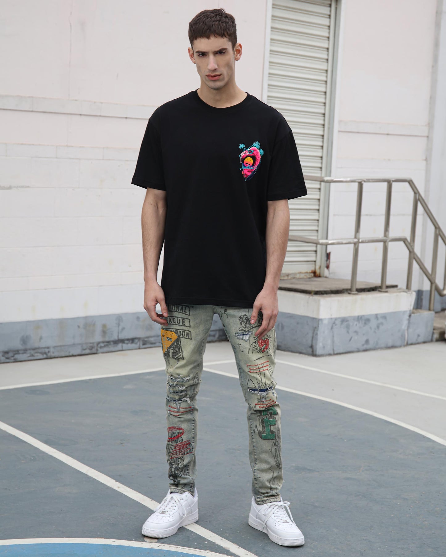 Detailing Graffiti Ripped Blue Washed Jeans - HCWP