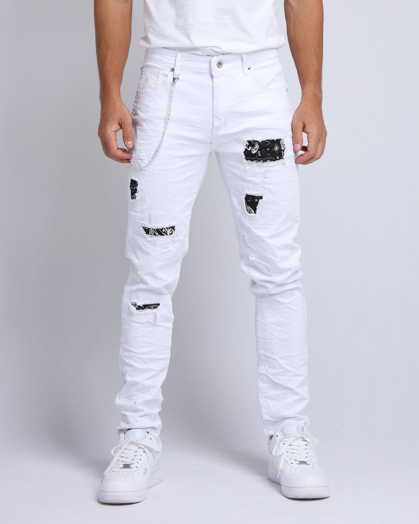 Graffiti Patch Slim Fit Ripped White Jeans - HCWP